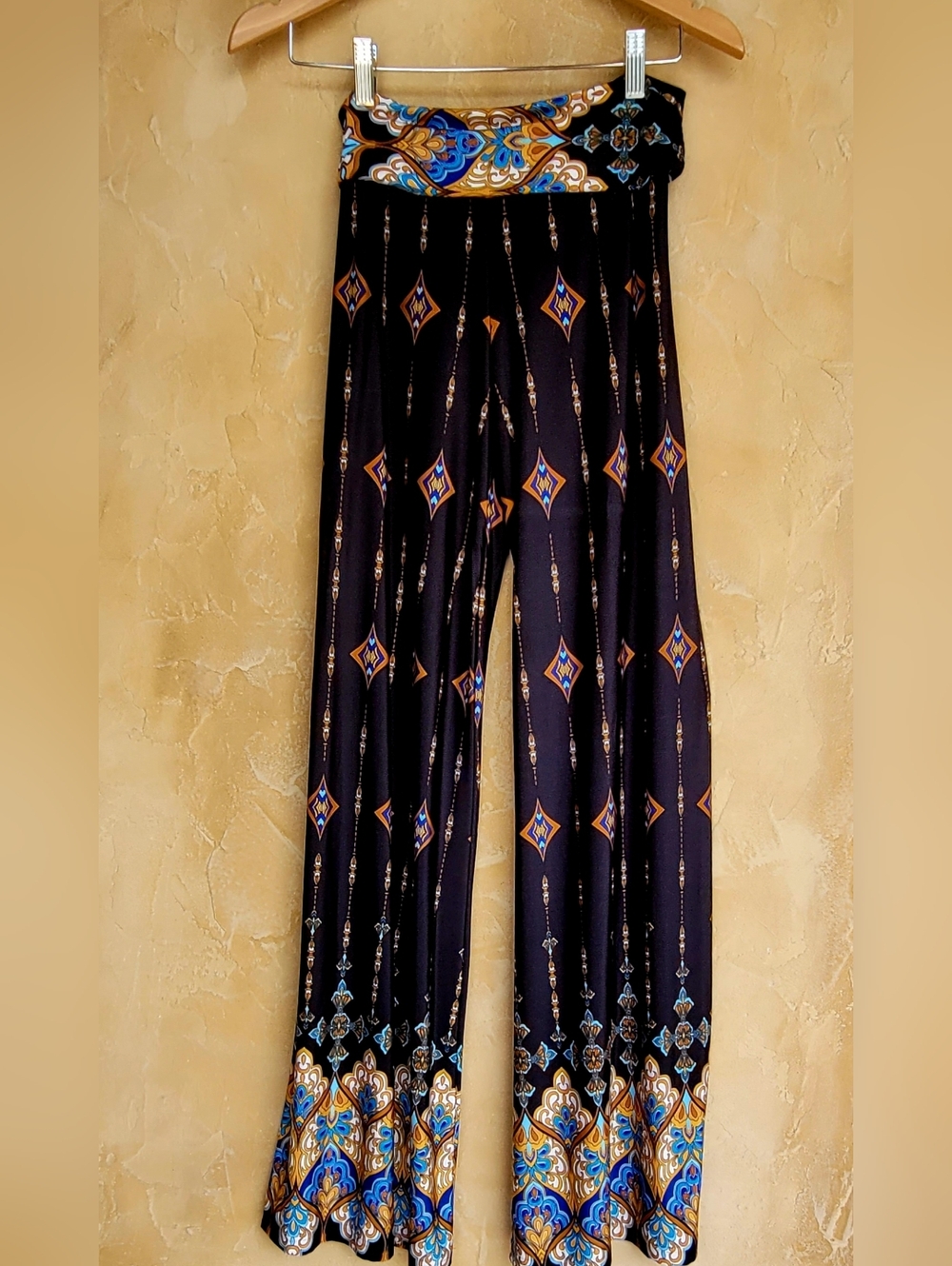 Printed Wide-Leg Boho Palazzo Pants Fold-Over - Navy Blue Gold. S